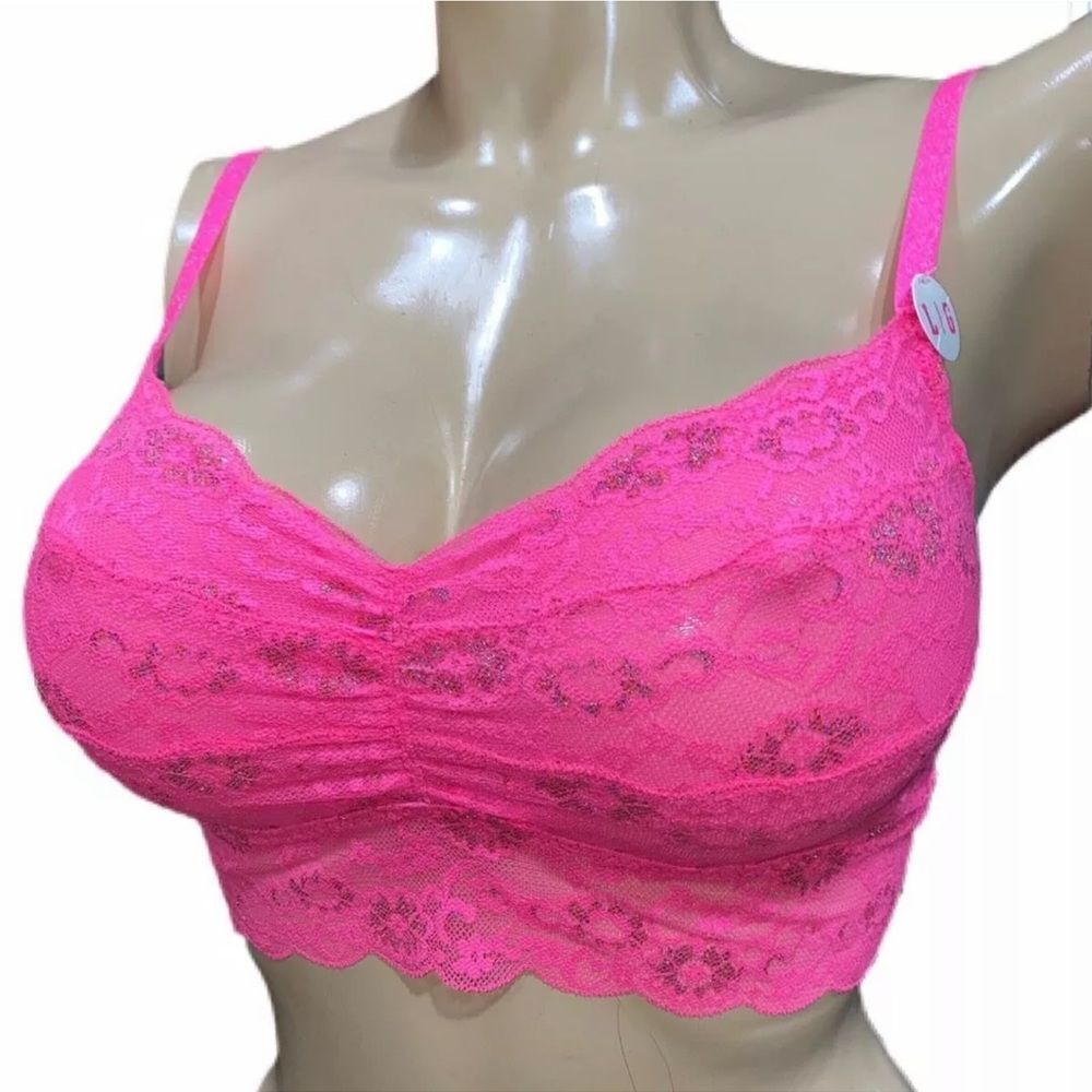 Victoria’s Secret Pink Unlined Ruched Front Glitter Lace bralette bra large Pink